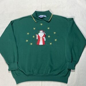 Vintage Sports Accent Size L Christmas Sweatshirt Collared Ugly Xmas Sweater